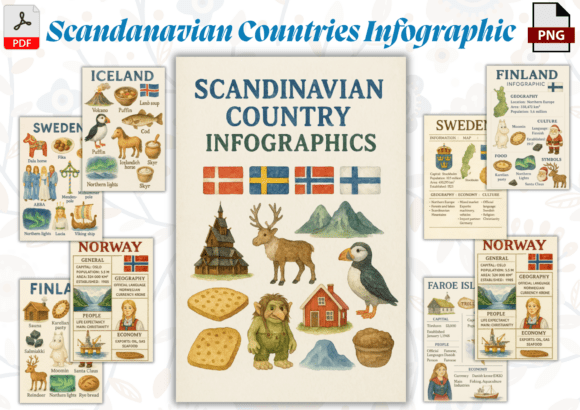 Scandinavian Country Infographics: A Watercolor Journey Through Northern Europe